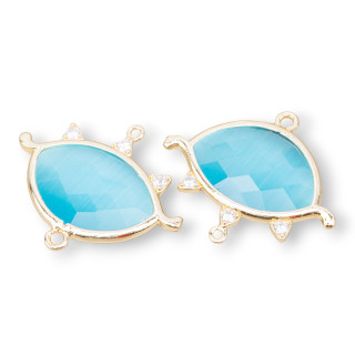 Conector de componente de latón Forma de ojo con piedras semipreciosas 30x25 mm 4 piezas Ojo de gato azul claro dorado