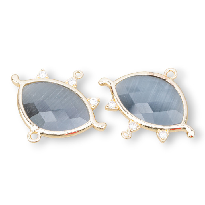 Conector de componente de latón Forma de ojo con piedras semipreciosas 30x25 mm 4 piezas Ojo de gato dorado Gris oscuro