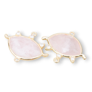 Brass Component Connector Eye Shape With Semi-precious Stones 30x25mm 4pcs Golden Rose Quartz