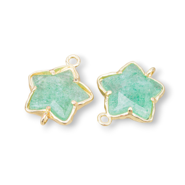 Brass Component Connector Star Shape With Semi-precious Stones 16mm 6pcs Golden Green Aventurine