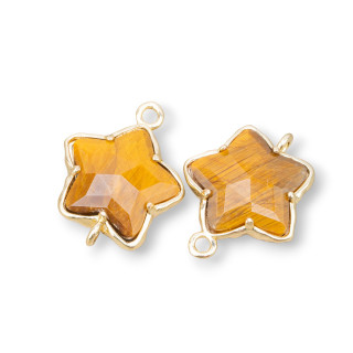 Connecteur Composant Laiton Forme Etoile Avec Pierres Semi-précieuses 16mm 6pcs Oeil de Tigre Doré