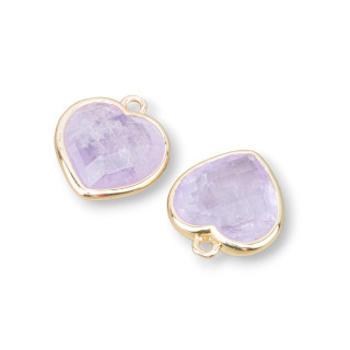 Connettore Componente Pendente Di Ottone Forma di Cuore Con Pietre Dure 14mm 6pz Dorato Ametista Lavanda