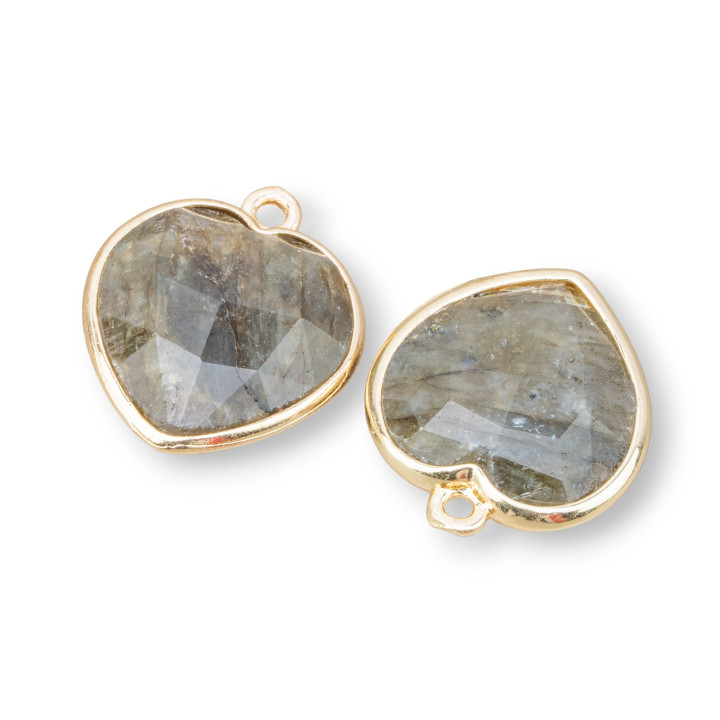 Connettore Componente Pendente Di Ottone Forma di Cuore Con Pietre Dure 16mm 5pz Dorato Labradorite
