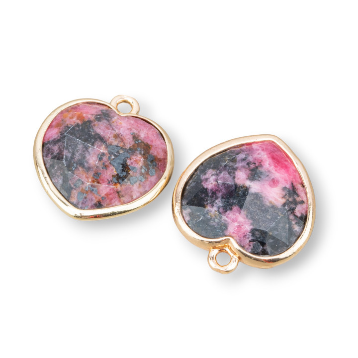 Brass Pendant Component Connector Heart Shape With Semi-precious Stones 16mm 5pcs Golden Rhodonite