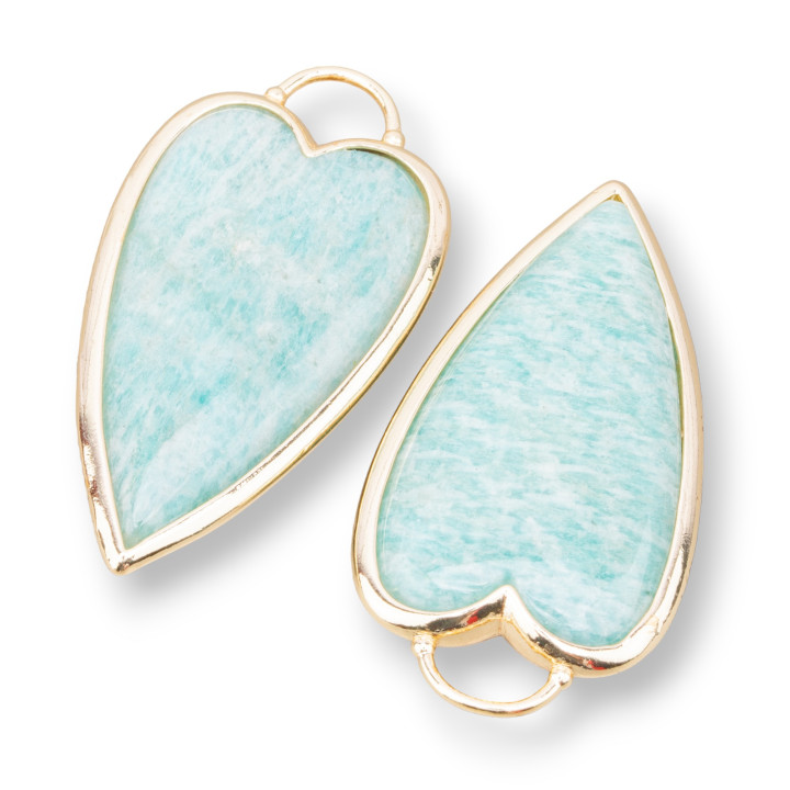 Connecteur Composant Pendentif En Laiton Coeur Avec Pierres Semi-précieuses 18x36mm 3pcs Amazonite Dorée