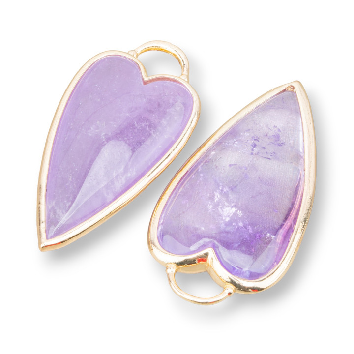 Conector Componente Colgante De Latón En Forma De Corazón Con Piedras Semipreciosas 18x36mm 3 Piezas Amatista Dorada Lavanda
