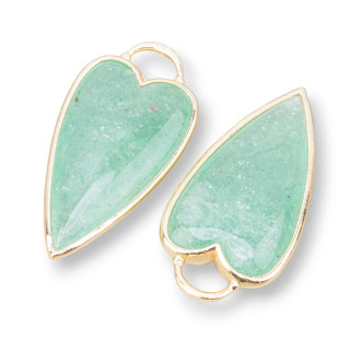 Connecteur Composant Pendentif En Laiton Coeur Avec Pierres Semi-précieuses 18x36mm 3pcs Aventurine Vert Doré
