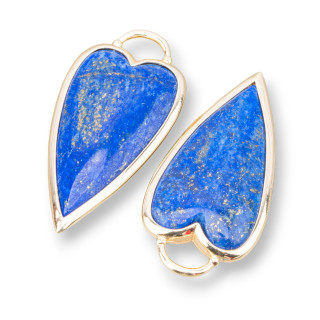 Connecteur Composant Pendentif En Laiton Coeur Avec Pierres Dures 18x36mm 3pcs Lapis Lazuli Doré