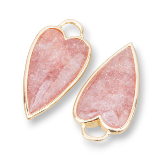 Connecteur Composant Pendentif En Laiton Forme De Coeur Avec Pierres Semi-précieuses 18x36mm 3pcs Quartz Fraise Doré