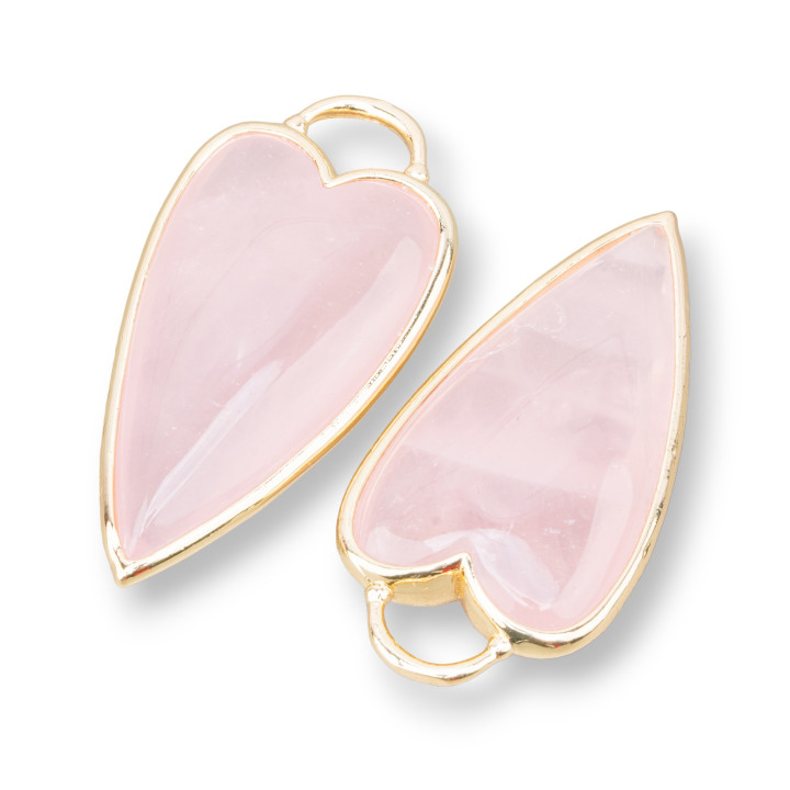 Brass Pendant Component Connector Heart Shape With Semi-precious Stones 18x36mm 3pcs Golden Rose Quartz