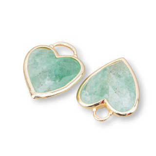 Brass Pendant Component Connector Heart Shape With Semi-precious Stones 20mm 4pcs Golden Strawberry Quartz Green