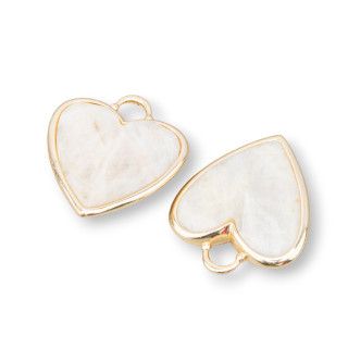 Connettore Componente Pendente Di Ottone Forma di Cuore Con Pietre Dure 20mm 4pz Dorato Labradorite Bianco