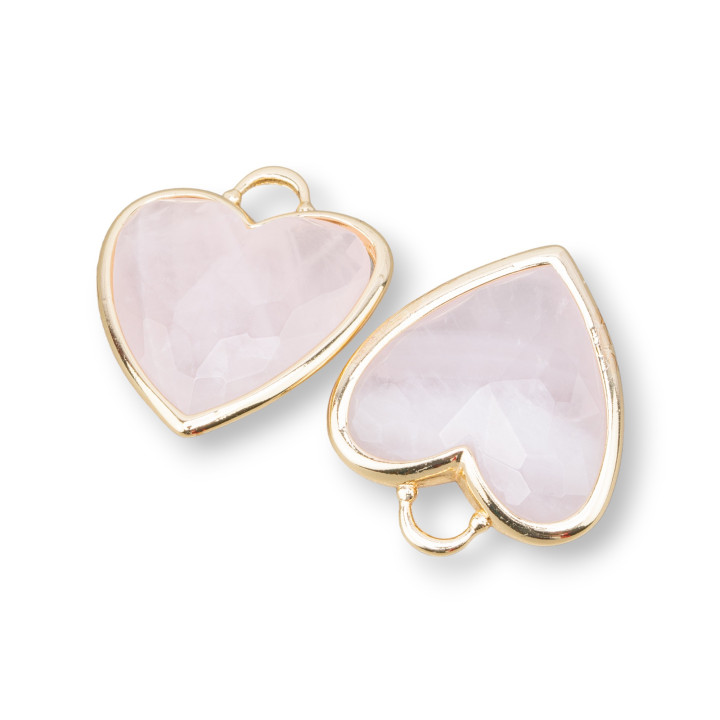 Connettore Componente Pendente Di Ottone Forma di Cuore Con Pietre Dure 20mm 4pz Dorato Quarzo Rosa