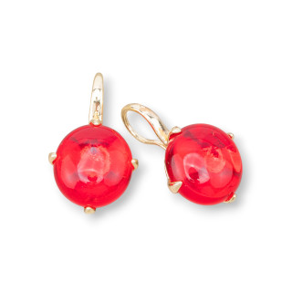 Bronze Hakenohrringe Set Runder Cabochon 16x28mm Vergoldet Rot