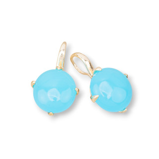 Boucles d'Oreilles Crochet Bronze Sertie Cabochon Rond 16x28mm Turquoise Doré