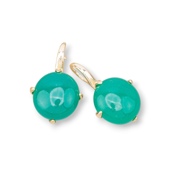 Pendientes De Gancho De Bronce Con Cabujón Redondo Incrustado 16x28mm Esmeralda Verde Dorada