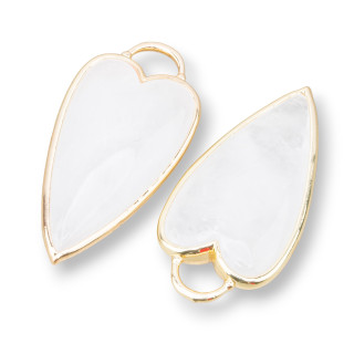 Brass Pendant Component Connector Heart Shape With Semi-precious Stones 18x36mm 3pcs Golden Rock Crystal