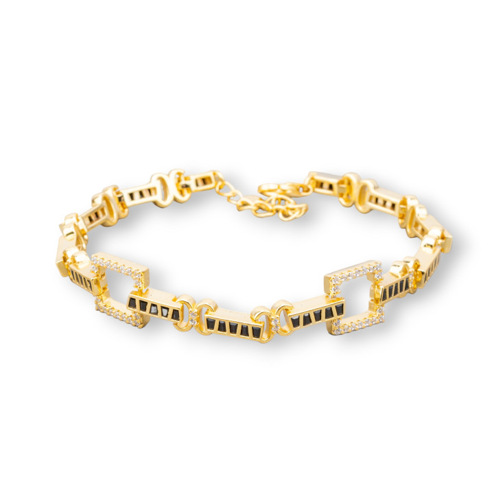 Bracelet Argent 925 'Amelia' Avec Zircone Baguette Et Maille Carrée Largeur 10mm Longueur 17cm+3cm Or Noir