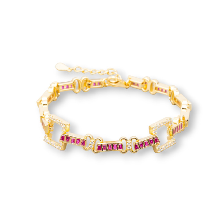 Pulsera de Plata 925 'Amelia' Con Zirconia Baguette Y Malla Cuadrada Ancho 10mm Largo 17cm+3cm Oro Rojo Rubí