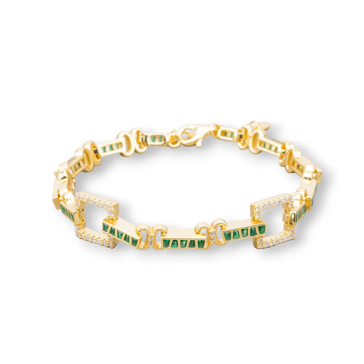 Pulsera de Plata 925 'Amelia' Con Zirconia Baguette Y Malla Cuadrada Ancho 10mm Largo 17cm+3cm Dorado Verde Esmeralda