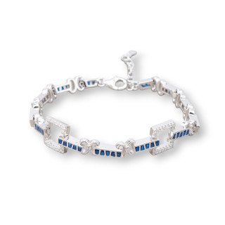 Bracciale Di Argento 925 'Amelia' Con Zircone A Baguette E Maglia Quadrata Larghezza 10mm Lunghezza 17cm+3cm Rodiato Blu Zaffir