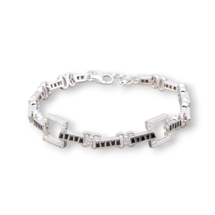 Bracciale Di Argento 925 'Amelia' Con Zircone A Baguette E Maglia Quadrata Larghezza 10mm Lunghezza 17cm+3cm Rodiato Nero