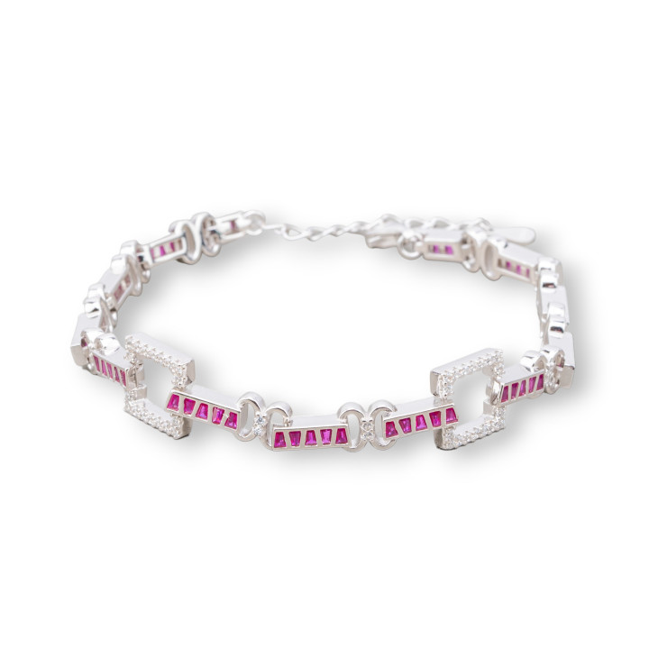 925 Silver Bracelet 'Amelia' With Baguette Zircon And Square Link Width 10mm Length 17cm+3cm Ruby Red Rhodium Plated