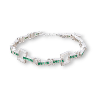 Bracciale Di Argento 925 'Amelia' Con Zircone A Baguette E Maglia Quadrata Larghezza 10mm Lunghezza 17cm+3cm Rodiato Verde Smer