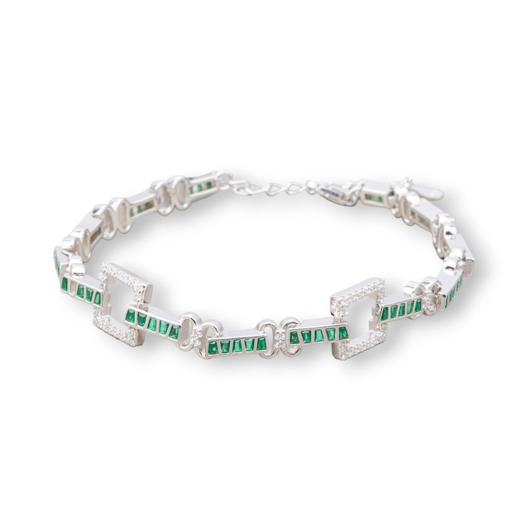925 Silver Bracelet 'Amelia' With Baguette Zircon And Square Link Width 10mm Length 17cm+3cm Rhodium-plated Smer Green