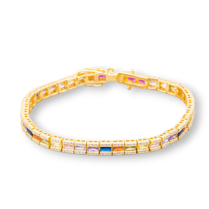 Bracciale Di Argento 925 'Amelia' Con Zircone A Baguette Multicolor Larghezza 5mm Lunghezza 19cm Dorato Multicolor