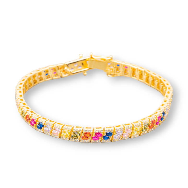 Bracelet Argent 925 'Amelia' Avec Double Goutte Zircon Multicolore Largeur 6mm Longueur 19cm Doré