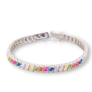 925 Silver Bracelet 'Amelia' With Multicolor Double Drop Zircon Width 6mm Length 19cm Rhodium Plated
