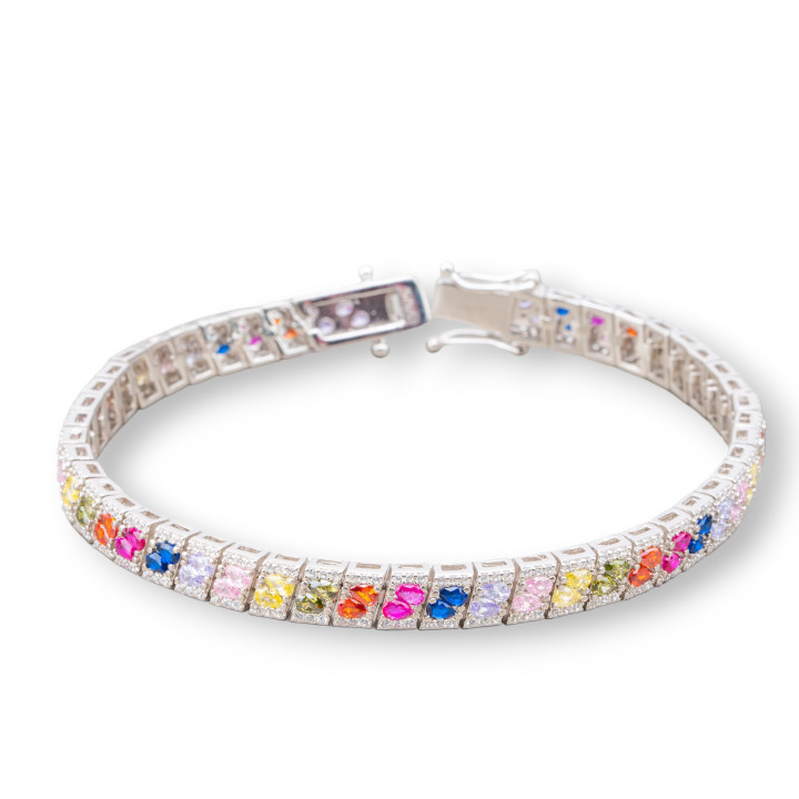 Bracelet Argent 925 'Amelia' Avec Double Goutte Zircon Multicolore Largeur 6mm Longueur 19cm Plaqué Rhodium