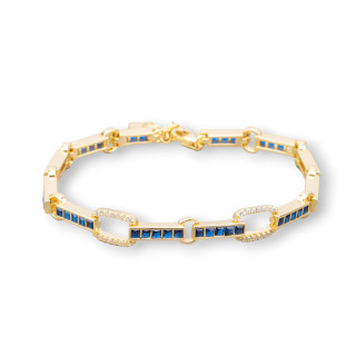 925 Silver Bracelet 'Amelia' With Square Zircon And Oval Link Width 7.5m Length 17.5cm+3cm Golden Sapphire Blue