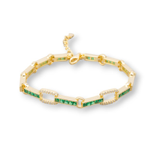 Bracelet Argent 925 'Amelia' Avec Zircon Carré Et Maille Ovale Largeur 7.5m Longueur 17.5cm+3cm Doré Vert Emeraude