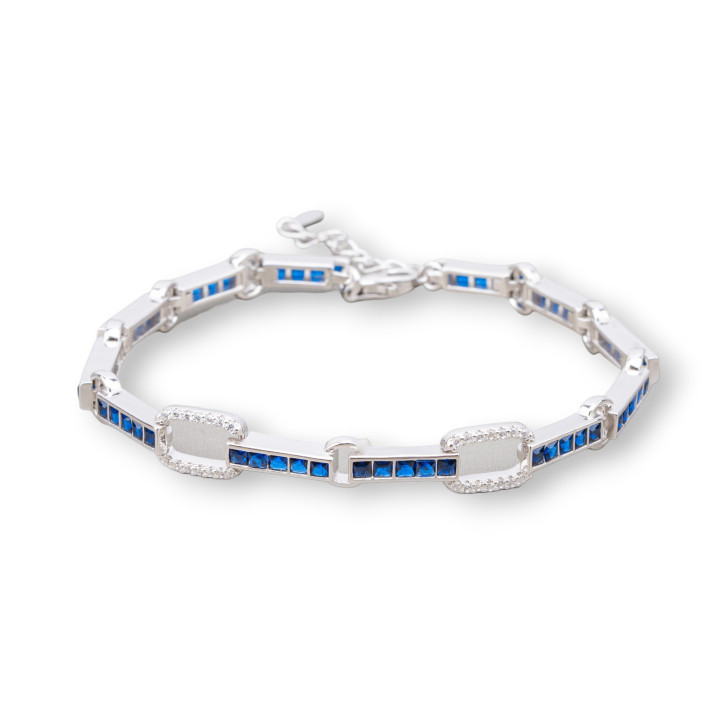 925 Silver Bracelet 'Amelia' With Square Zircon And Oval Link Width 7.5m Length 17.5cm+3cm Rhodium-plated Sapphire Blue