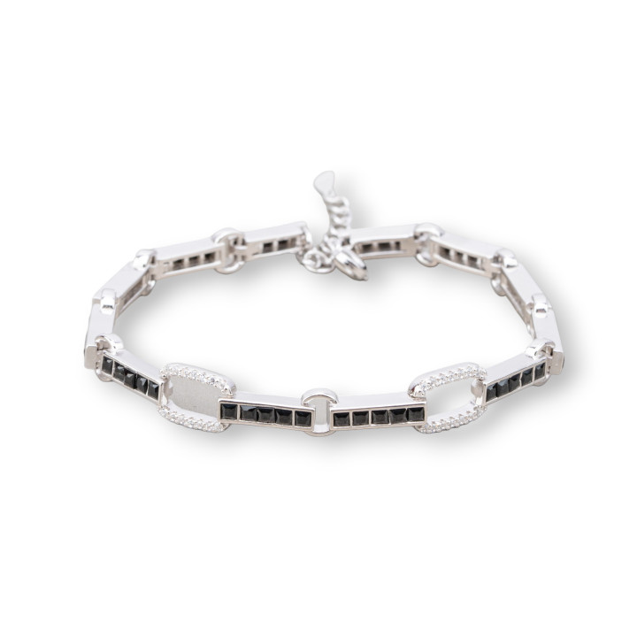 925 Silver Bracelet 'Amelia' With Square Zircon And Oval Link Width 7.5m Length 17.5cm+3cm Black Rhodium Plated