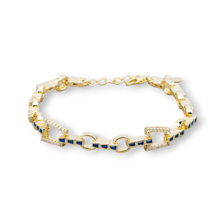 Bracciale Di Argento 925 'Amelia' Con Zircone Trapezio E Catena Larghezza 8mm Lunghezza 17cm+3cm Dorato Blu
