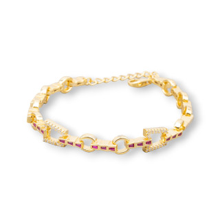 Pulsera de Plata 925 'Amelia' Con Zirconia Trapecio Y Cadena Ancho 8mm Largo 17cm+3cm Oro Rojo Rubí