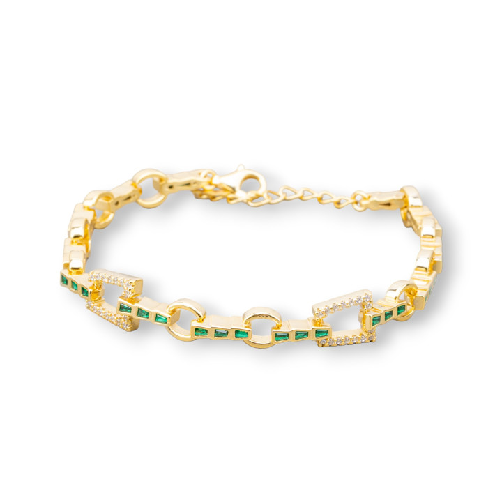 Bracelet Argent 925 'Amelia' Avec Trapèze Zircone Et Chaîne Largeur 8mm Longueur 17cm+3cm Or Vert