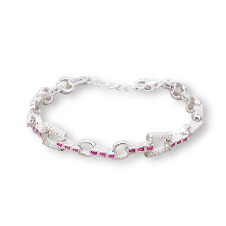 925 Silver Bracelet 'Amelia' With Trapeze Zircon And Chain Width 8mm Length 17cm+3cm Ruby Red Rhodium Plated