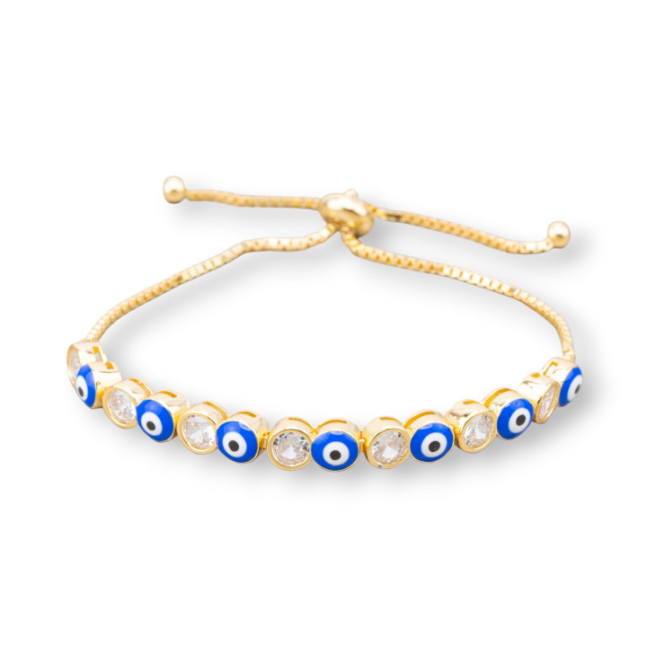 Bracciale Di Argento 925 Con Occhio Di Allah e Zirconi 5mm Con Misura Regolabile Dorato Blu