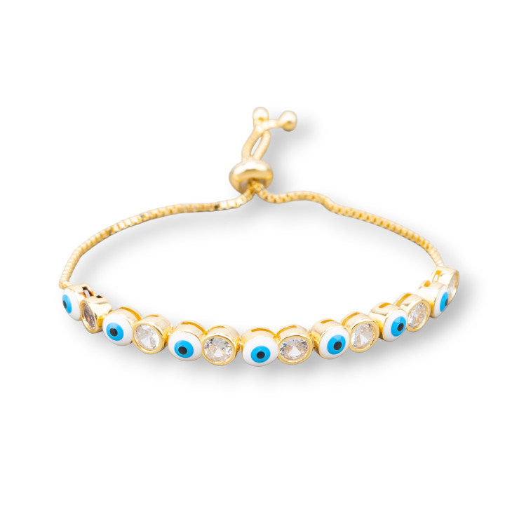 Bracelet En Argent 925 Avec Oeil D'Allah Et Zircons 5mm Avec Taille Ajustable Doré Céleste