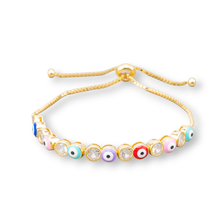 Pulsera De Plata 925 Con Ojo De Alá Y Circonitas 5mm Con Talla Ajustable Dorado Multicolor
