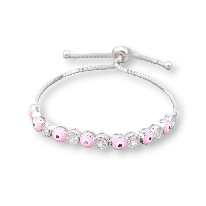Bracelet En Argent 925 Avec Oeil D'Allah Et Zircons 5mm Avec Taille Ajustable Plaqué Rhodium Rose