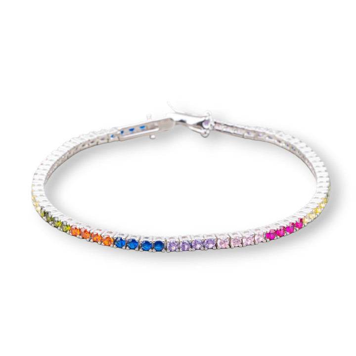 Bracelet Tennis Argent 925 Avec Zircon Rond 2.5mm Longueur 18.5cm Plaqué Rhodium Multicolore