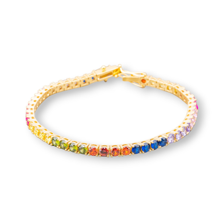 Bracelet Tennis Argent 925 Avec Zircon Rond 3.5mm Longueur 18.5cm Doré Multicolore