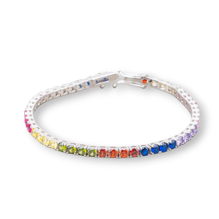 Bracelet Tennis Argent 925 Avec Zircon Rond 3.5mm Longueur 18.5cm Plaqué Rhodium Multicolore