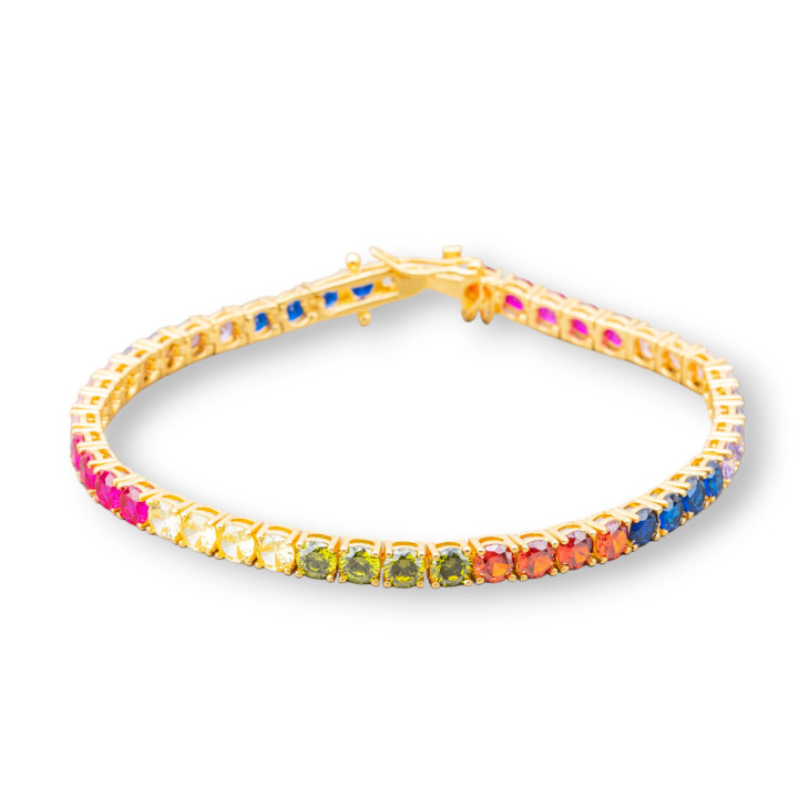 Bracelet Tennis Argent 925 Avec Zircon Rond 4.0mm Longueur 18.5cm Doré Multicolore