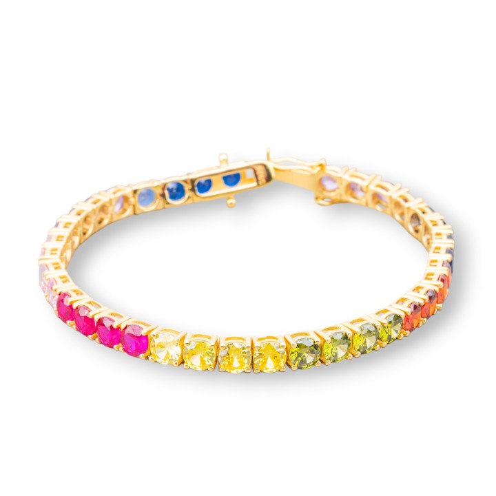 925 Silver Tennis Bracelet With 5.0mm Round Zircon Length 18.5cm Multicolor Golden